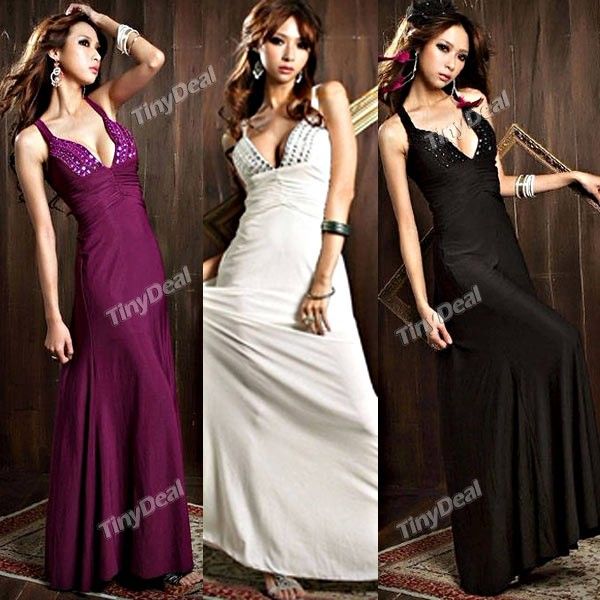 Elegante Low V Neck com Rhinestone Ornament Design Vestido d